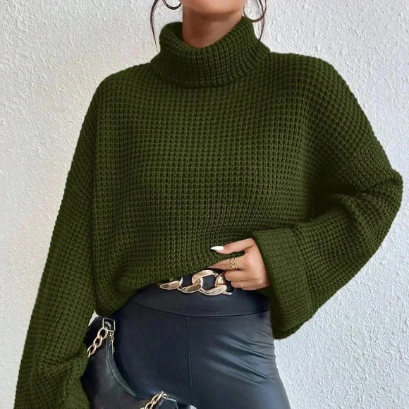 Army Green Casual Women's Turtleneck Long Sleeve Sweater - Picture 6 of 6